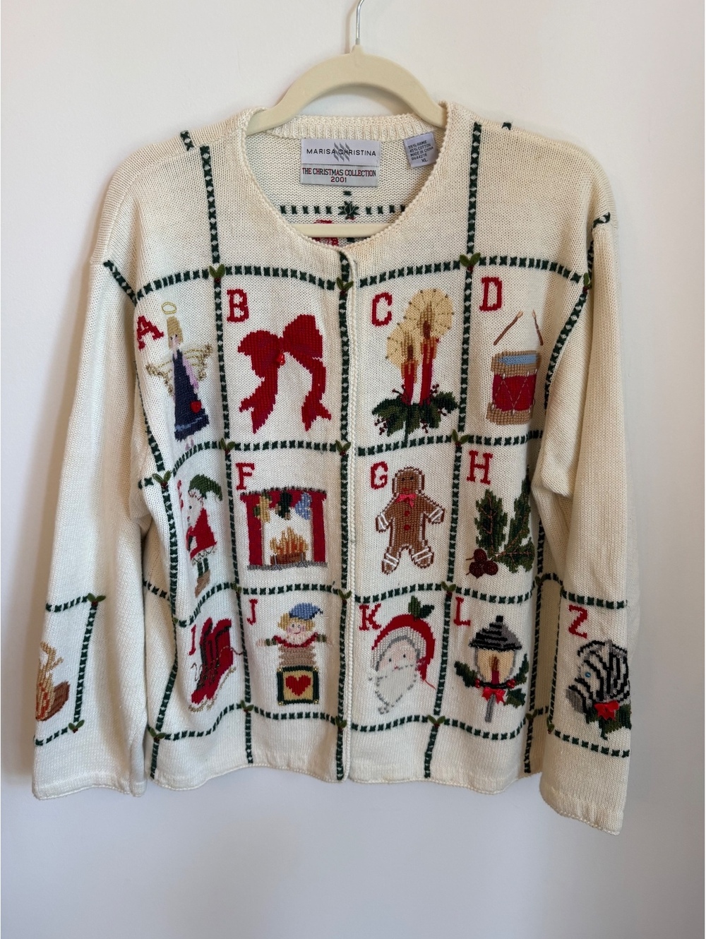 Vintage Marisa Christina Christmas 2001 Holiday ABC Cross-Stitch Sweater  XL